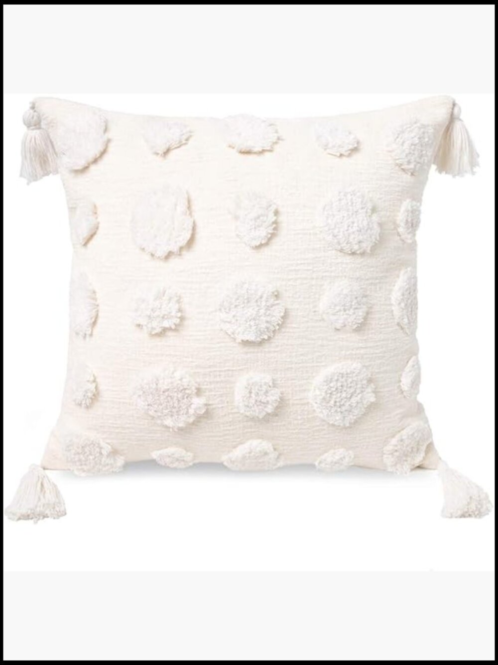 Boho Tufted Chenille Throw Pillow Cover 20x20 with Tassels Pom Poms